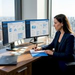 Manager reviews project dashboard in bright office