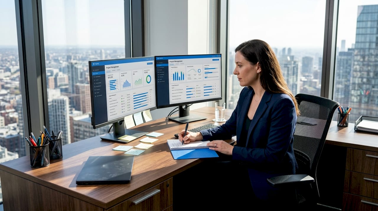 Manager reviews project dashboard in bright office