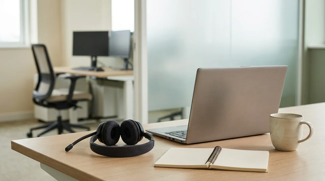 Headset and notebook for planning an AI chatbot for business human handoff