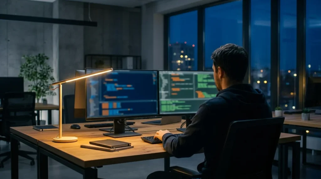 Engineer reviewing API integration behavior at a dual monitor workstation