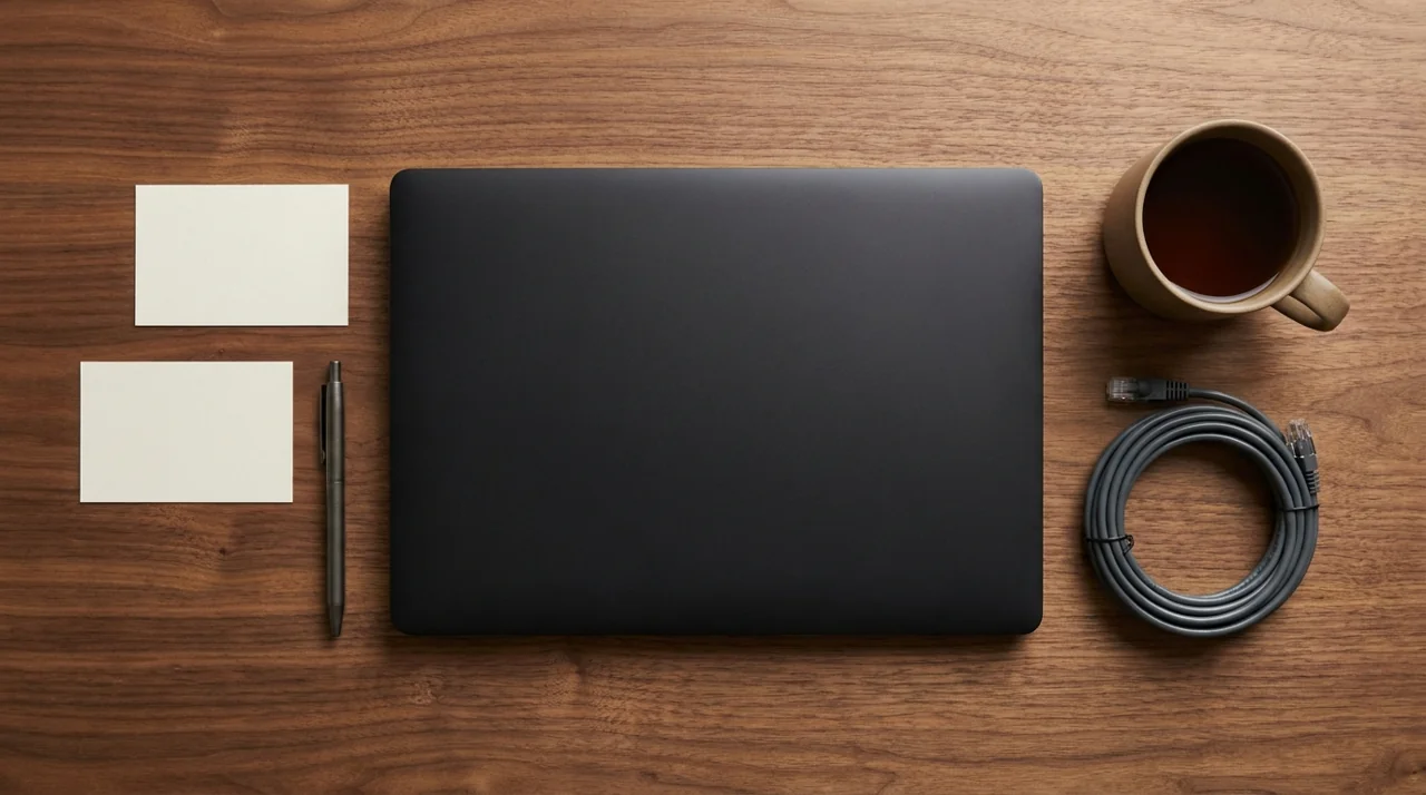 Unbranded laptop and network cable used when scoping API integration services