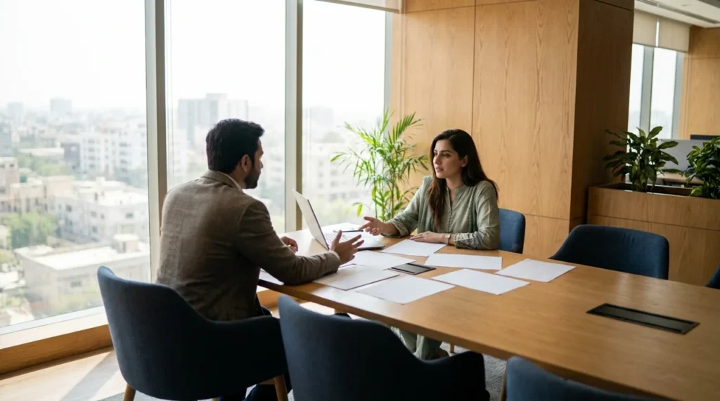 Pakistani business colleagues evaluating API integration services at a planning meeting