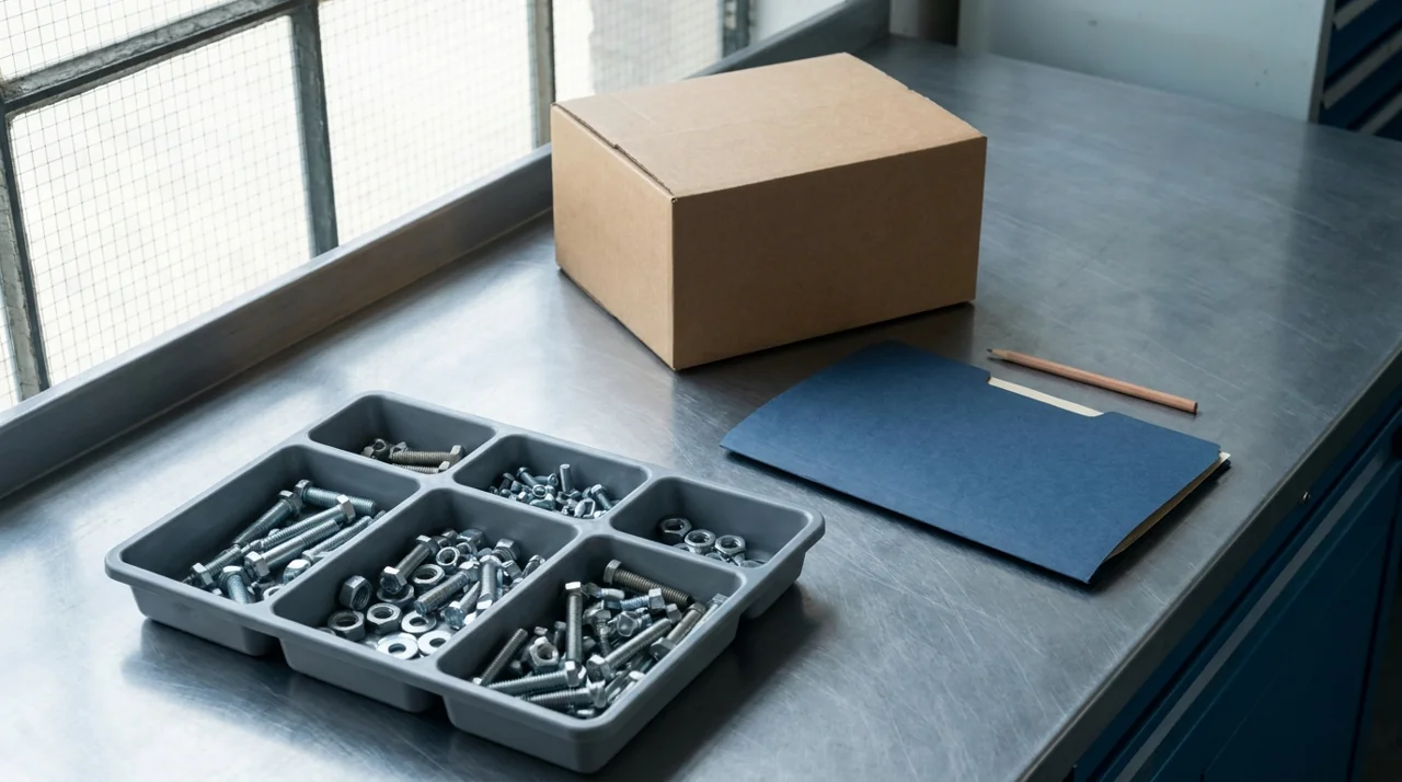 Industrial product samples and an unmarked folder for B2B ecommerce website quote planning