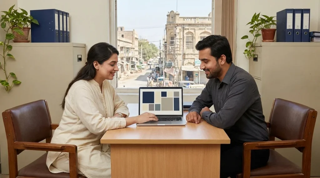 Pakistani colleagues reviewing business email hosting requirements