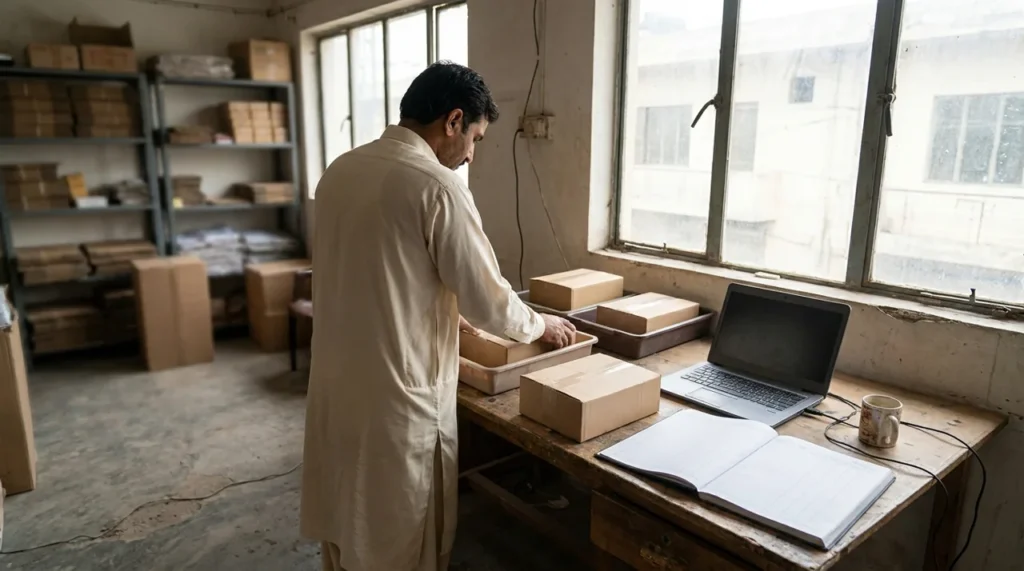 Pakistani seller organizing parcels for a cash on delivery reconciliation workflow