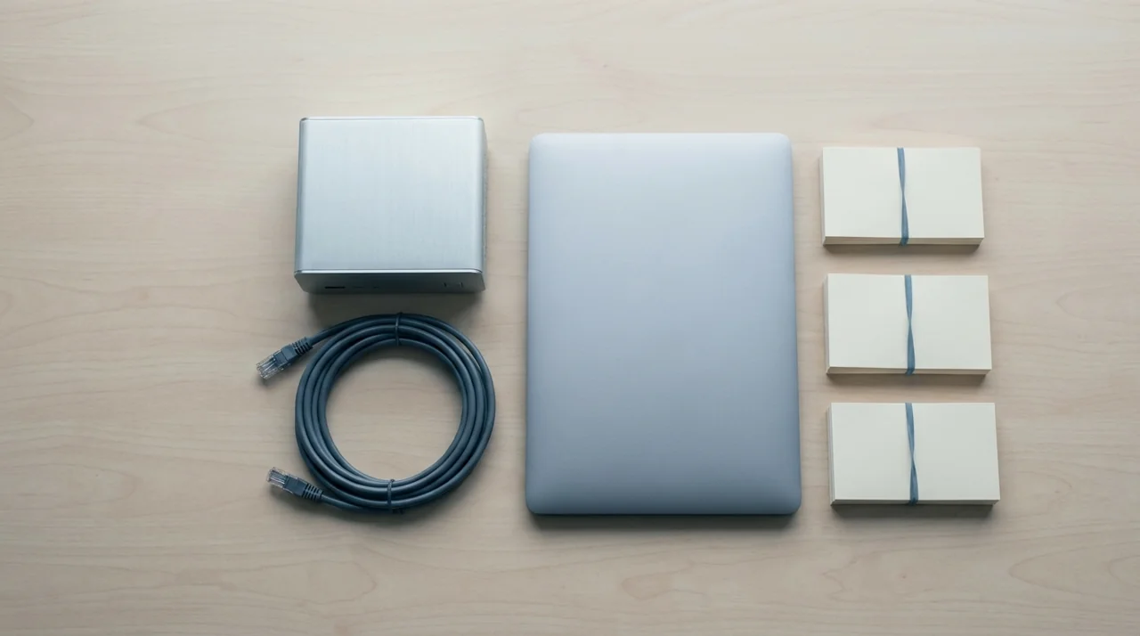 Cloud migration readiness planning with a server, laptop and grouped blank cards