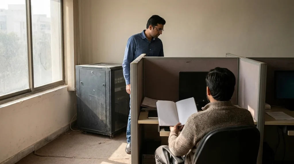 Pakistani colleagues reviewing office infrastructure for cloud migration readiness