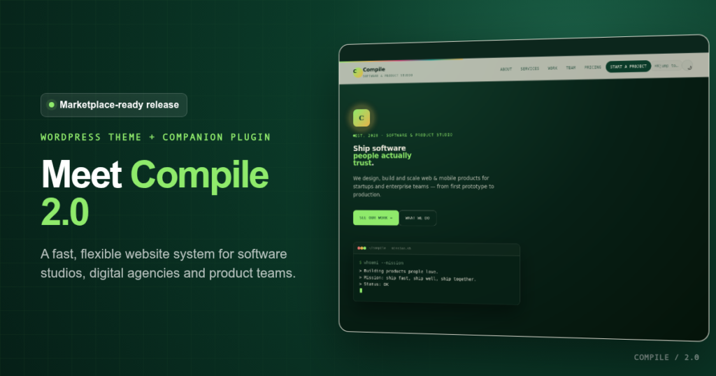 Compile 2.0 WordPress theme and companion plugin displayed beside the agency homepage design