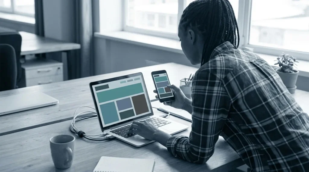 Developer testing laptop and mobile experiences for Core Web Vitals optimization