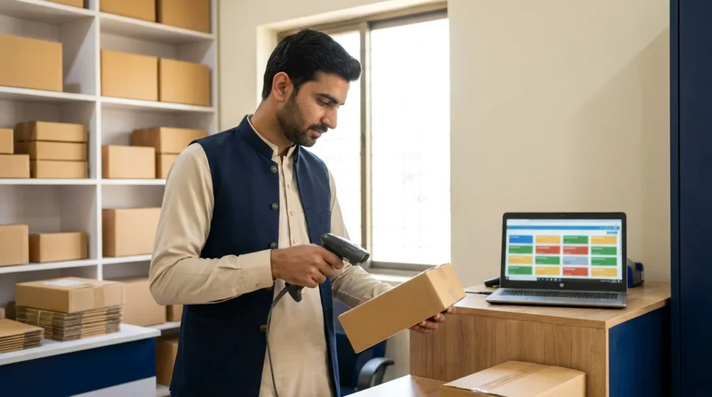 Pakistani dispatch staff scanning a parcel during courier integration testing
