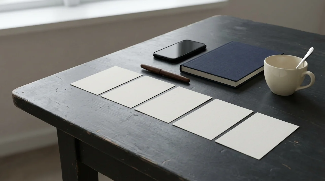 Blank follow-up cards and a notebook used to plan CRM software sales stages