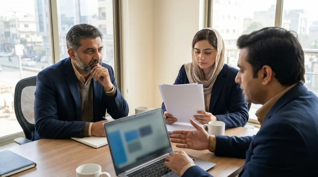 Pakistani sales team reviewing CRM software pipeline workflows
