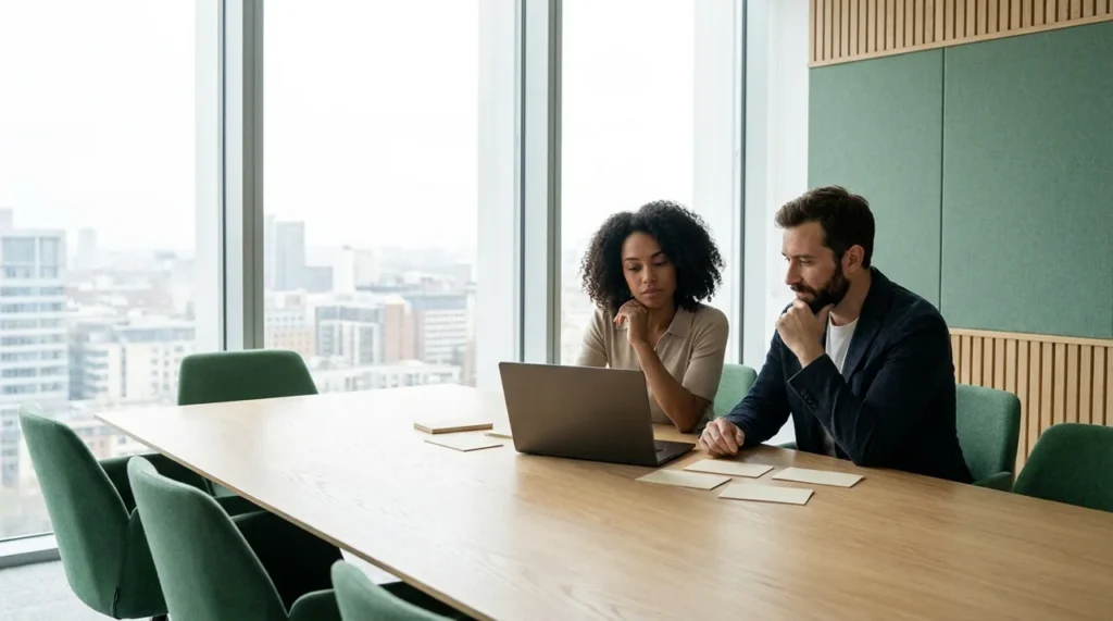 Business administrator and developer discussing custom CRM development requirements