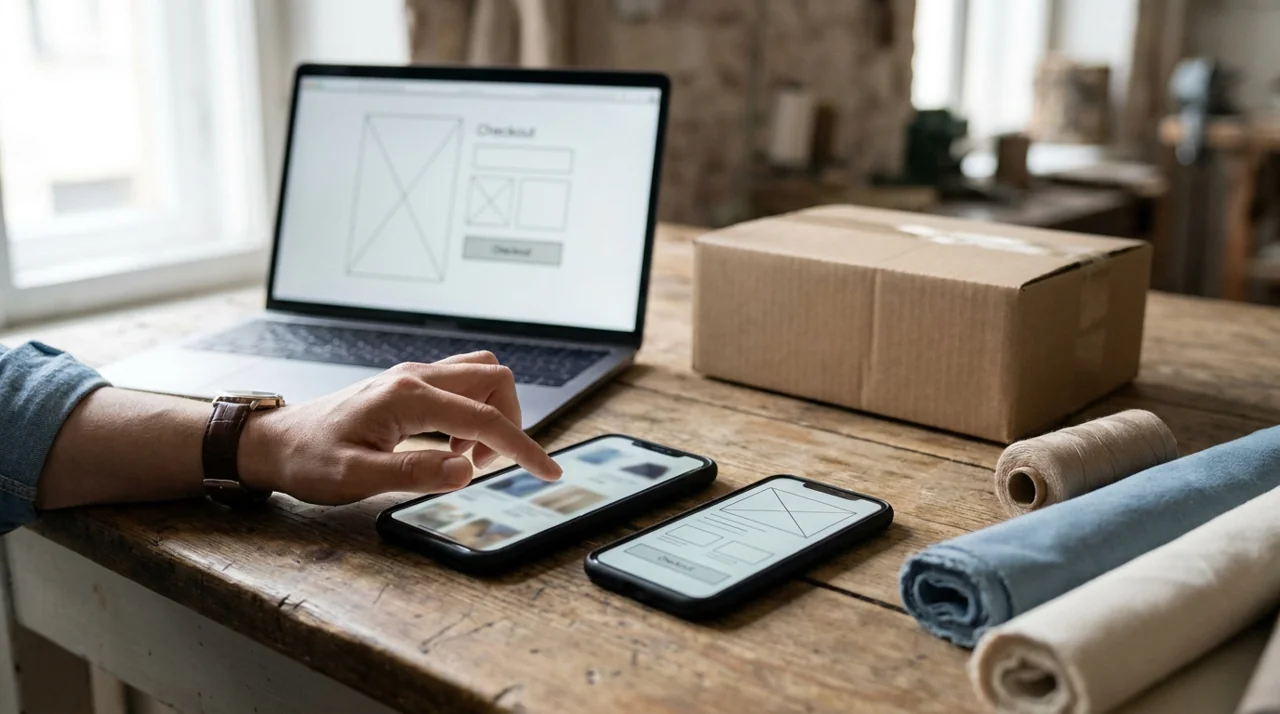 Mobile checkout testing beside a packaged ecommerce order
