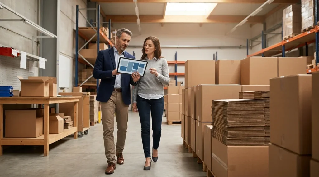 US operations team reviewing an ERP implementation checklist in a warehouse