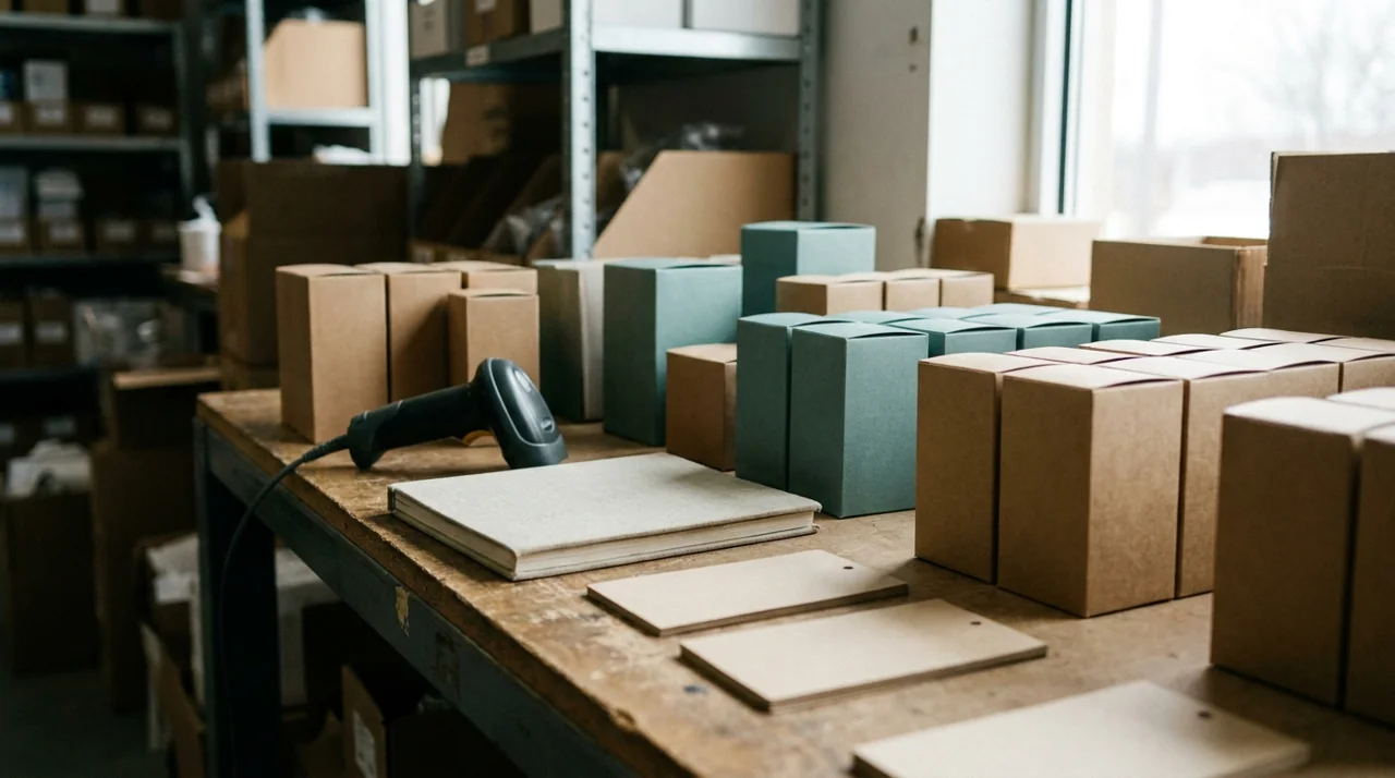 Stock boxes and a barcode scanner used to plan ERP software inventory workflows