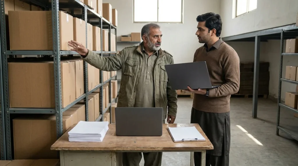 Pakistani warehouse colleagues discussing ERP software requirements