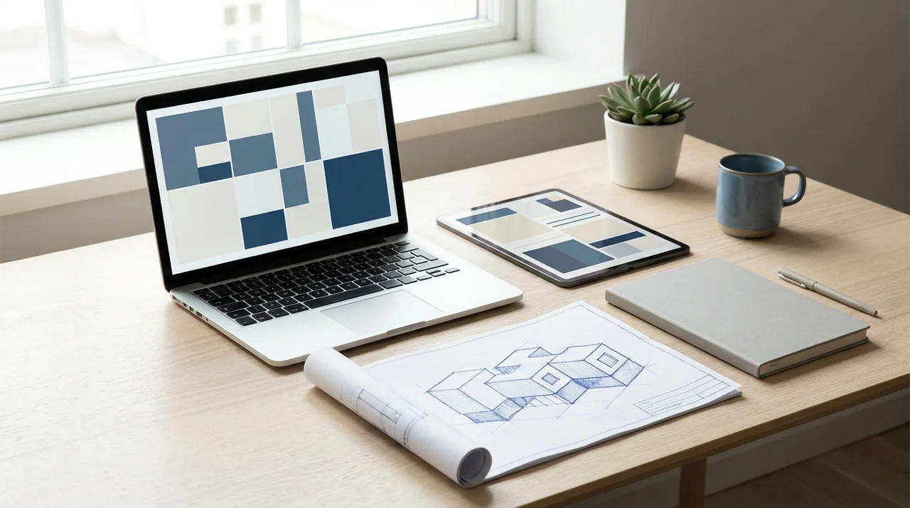 Laptop, tablet and architecture sketch used to compare custom storefront responsibilities