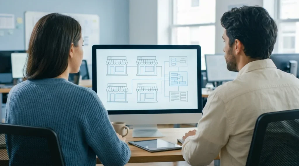 Engineers reviewing headless ecommerce architecture on a desktop monitor