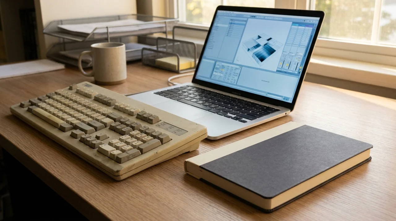 Older keyboard and modern laptop used to discuss legacy software modernization