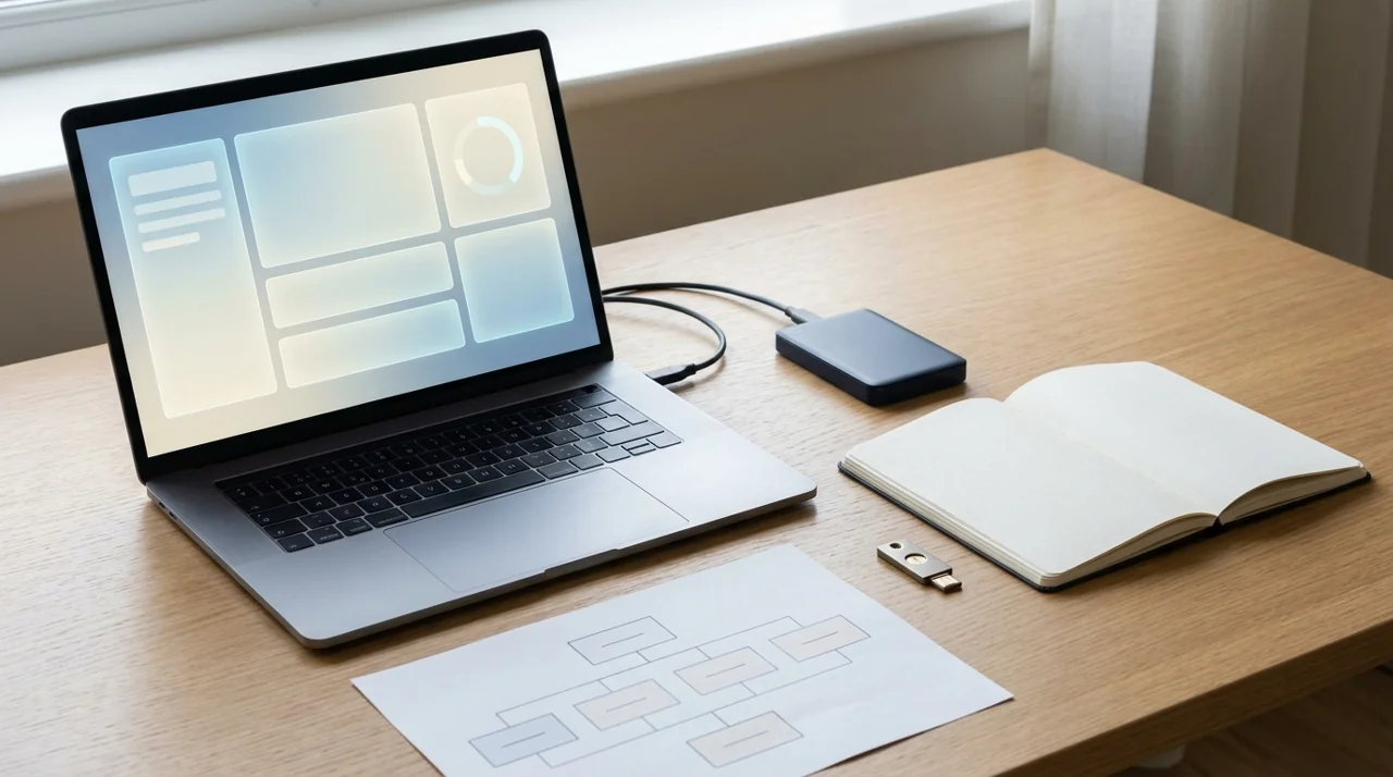 Laptop, backup drive and access key used in a managed server handover review