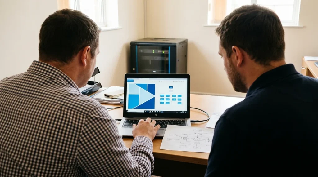 US business manager and IT provider reviewing managed VPS hosting responsibilities