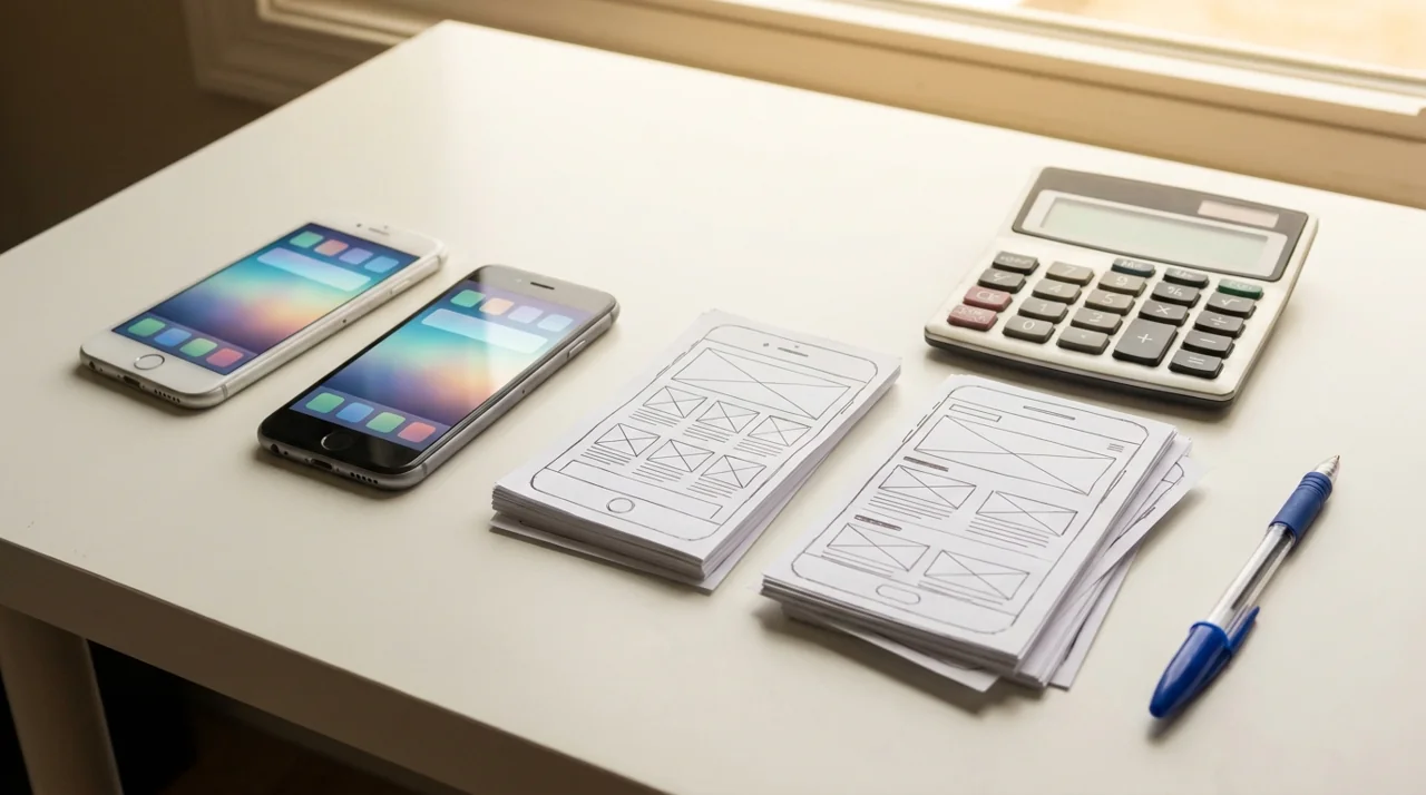 Phones, wireframes and calculator for mobile app development cost planning