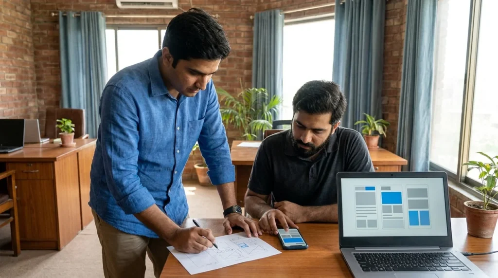 Pakistani founder and developer planning a mobile app development cost estimate