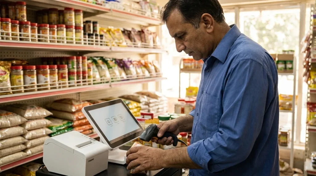 Pakistani retailer testing POS software at a shop checkout