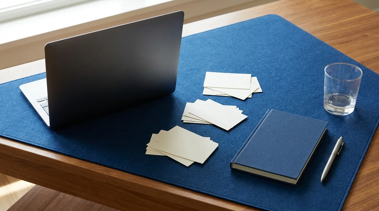 Laptop and grouped research cards used to plan a SaaS SEO strategy