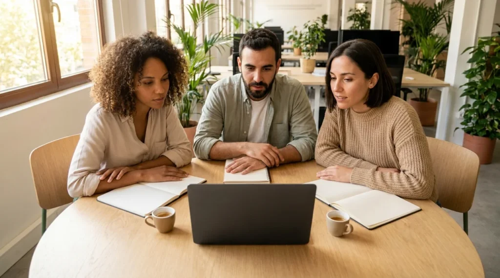 Product team discussing customer questions for a SaaS SEO strategy