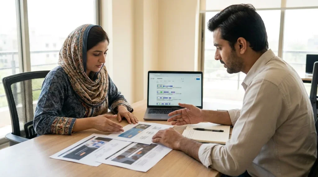 Pakistani marketing colleagues comparing SEO services and website recommendations