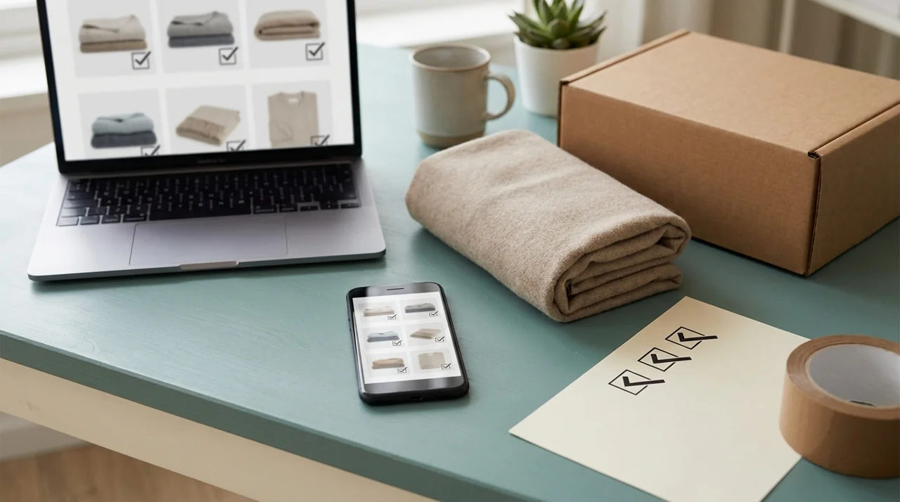 Laptop and phone used to check product data and order readiness for a textile store