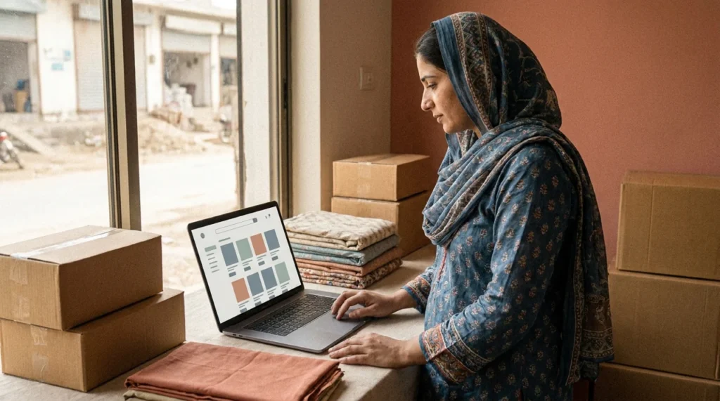 Pakistani merchant reviewing Shopify development needs in an apparel studio