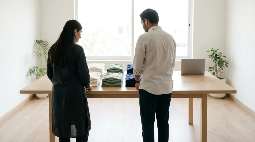 Pakistani apparel team reviewing product groups for Shopify SEO collection planning