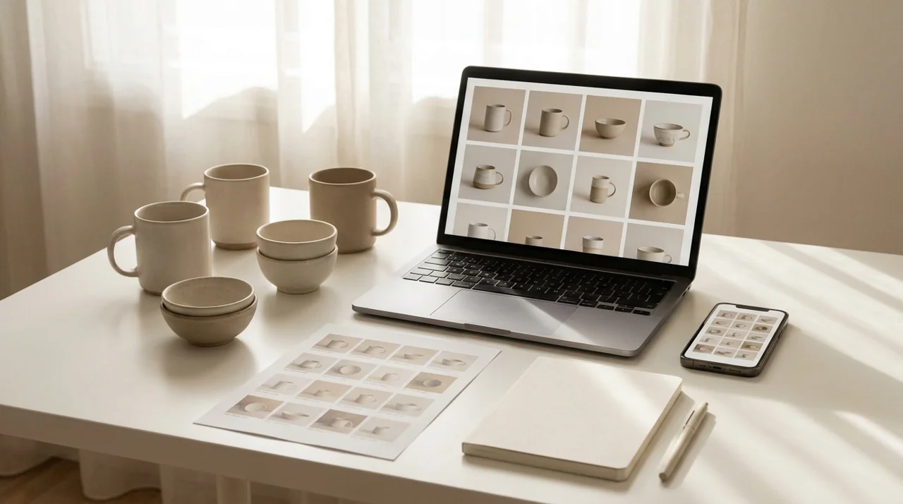 Laptop and phone showing a ceramic product catalog during store launch review