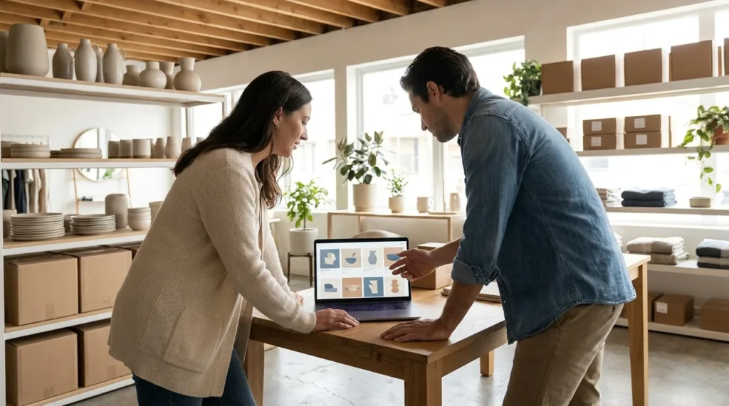 US homewares merchants discussing Shopify website development and catalog launch