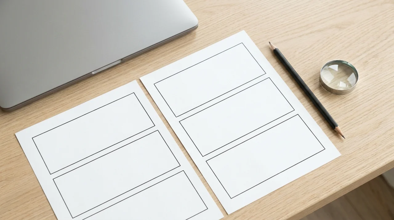 Wireframe sheets and magnifying glass for a technical SEO checklist
