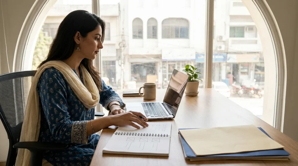 Developer reviewing a technical SEO checklist for a Pakistani service website