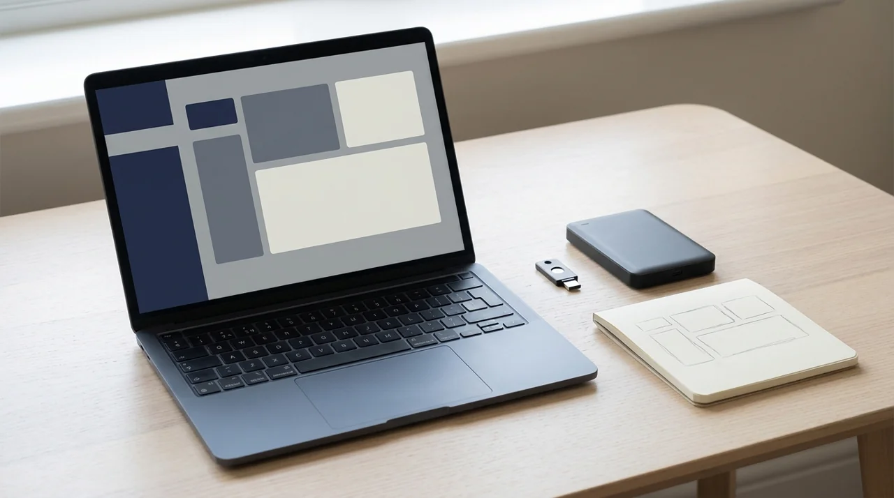Laptop, hardware security key and external backup drive for server access planning