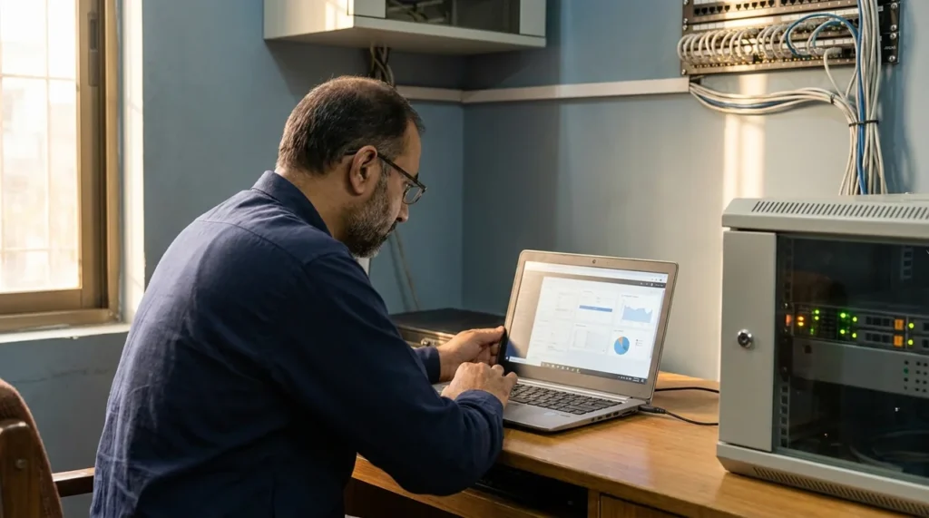 Pakistani administrator reviewing VPS hosting resources beside network equipment