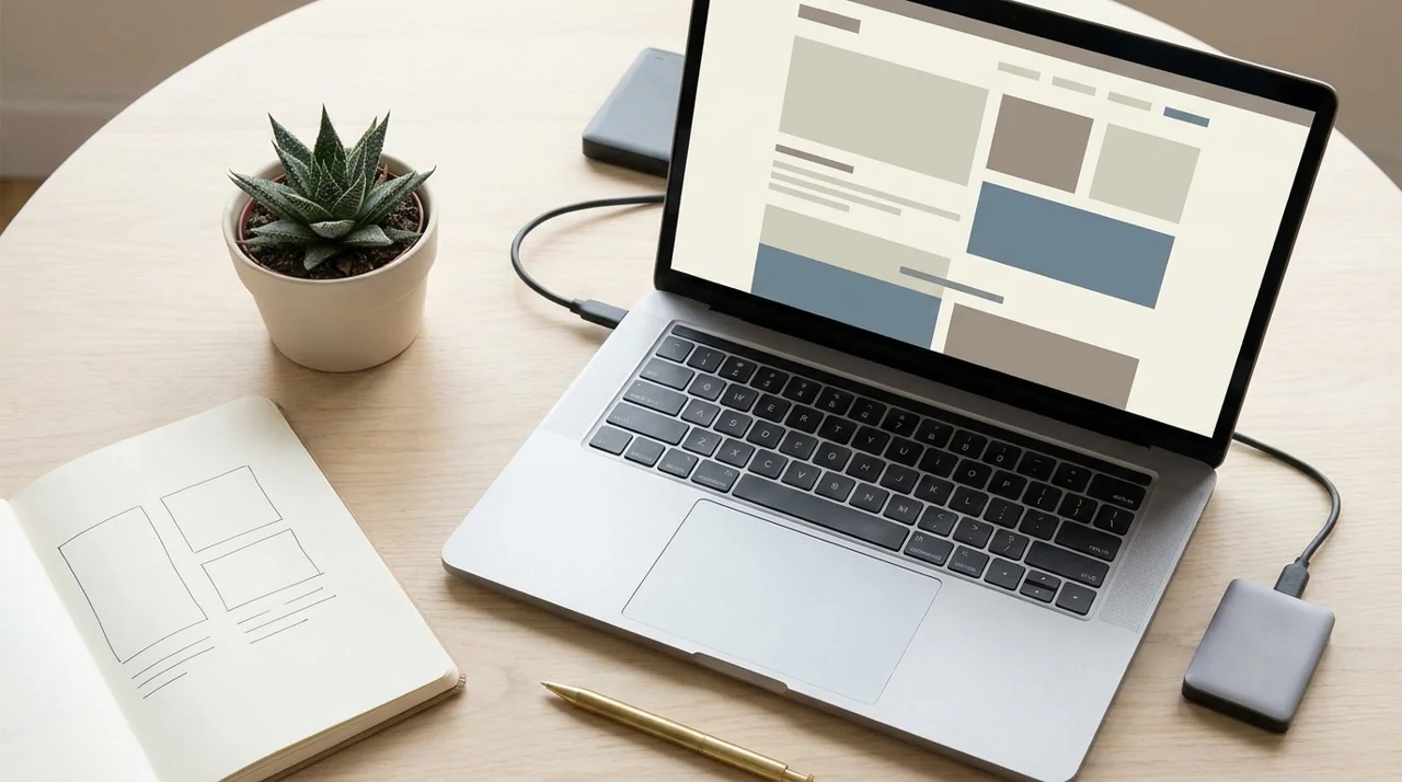 Laptop, external backup drive and notebook used to plan business website hosting