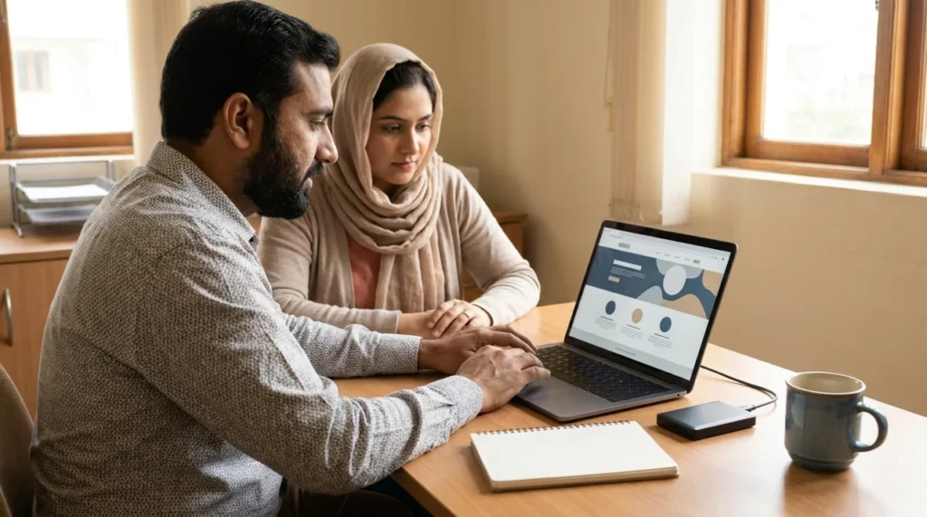 Pakistani business owner and consultant reviewing web hosting requirements