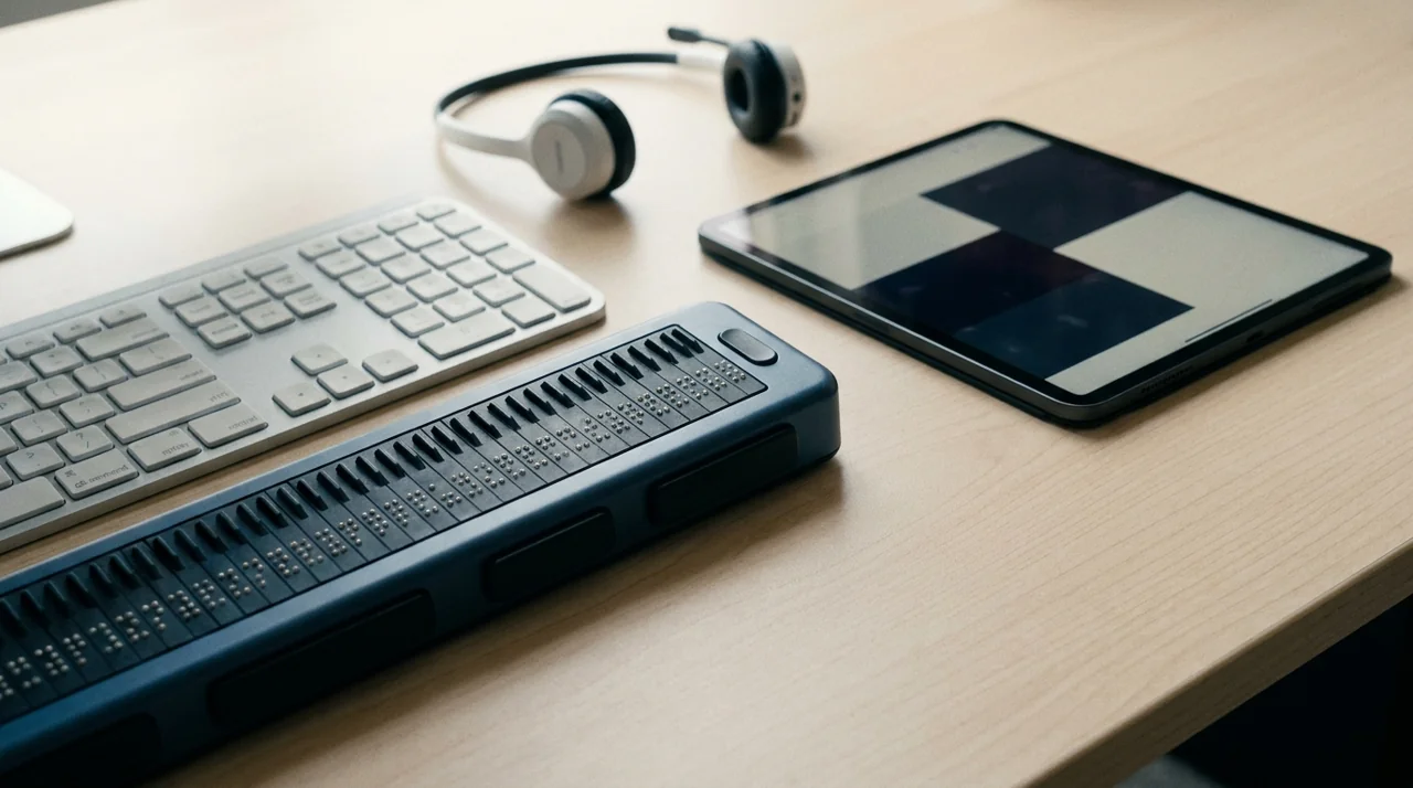 Braille display, keyboard and tablet supporting a website accessibility checklist workflow