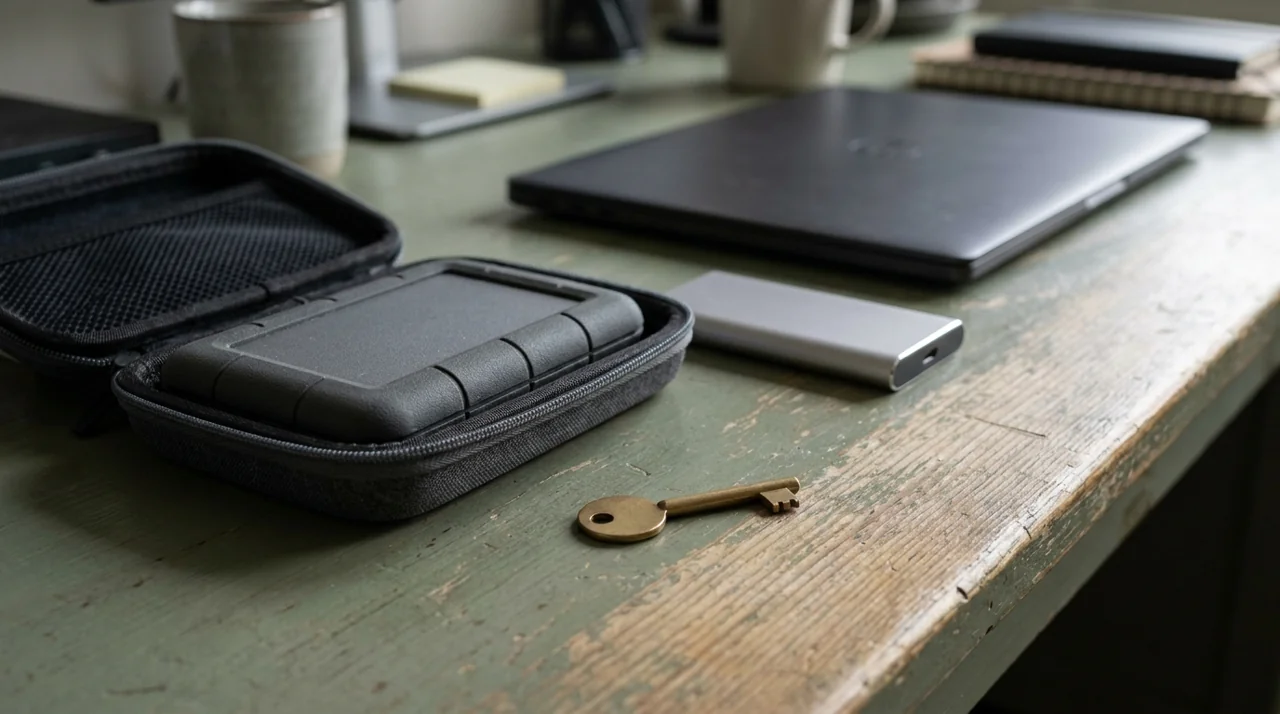 Separate portable drives and a storage case for website backup planning