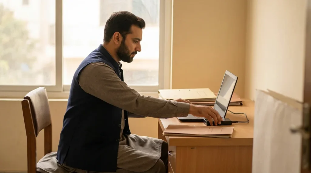 Pakistani business operator managing a website backup beside an office laptop