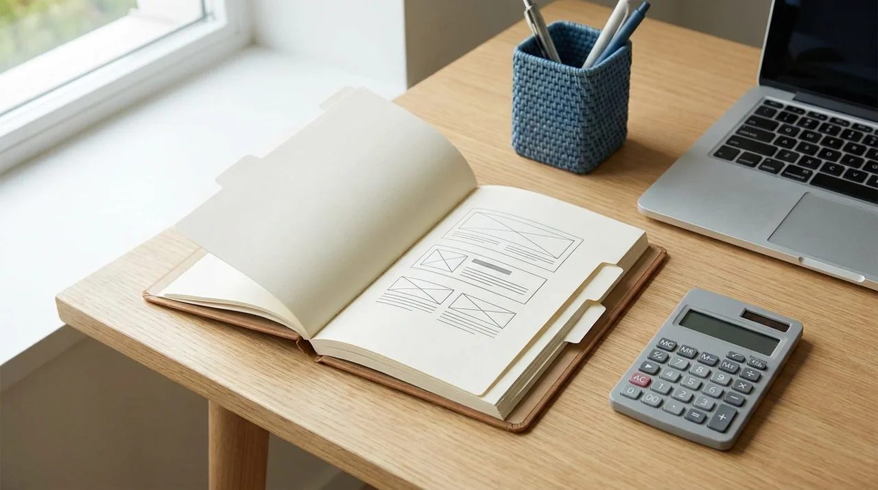 Wireframes, notebook and calculator used to scope a website project