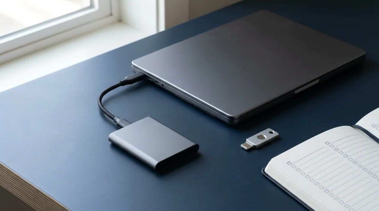 Backup drive and security key prepared for website disaster recovery