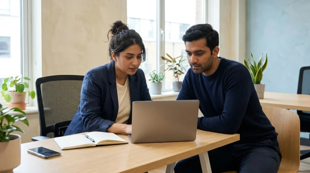 Pakistani colleagues reviewing a website redesign checklist before launch