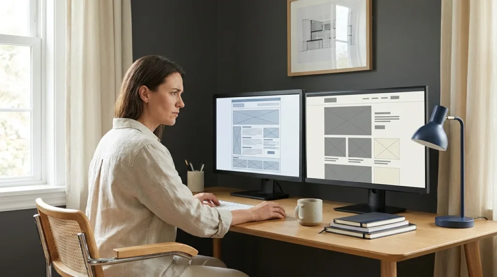 Developer comparing old and new website layouts during an SEO-safe redesign
